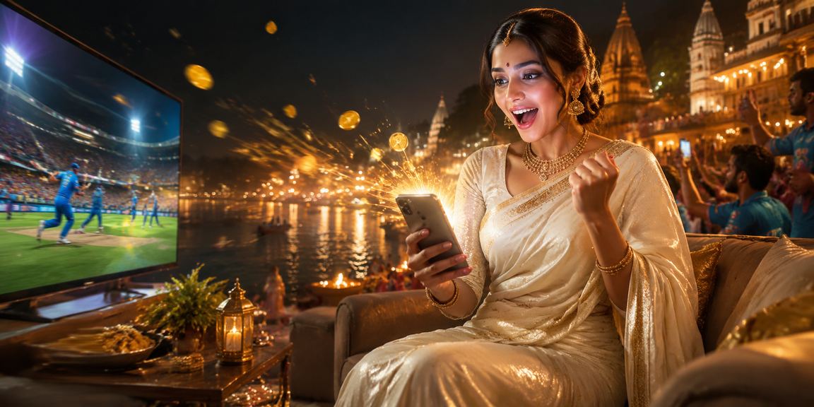 Woman placing cricket bets on mobile in Varanasi